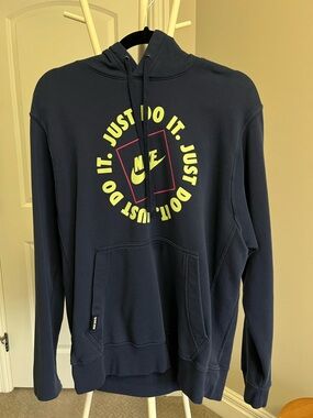 Nike Men’s Navy Crewneck Hoodie with Yellow 'Just Do It' Graphic